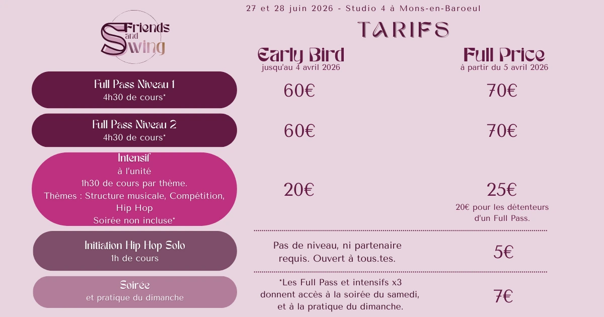 Flyer des tarifs du Friends and Swing
